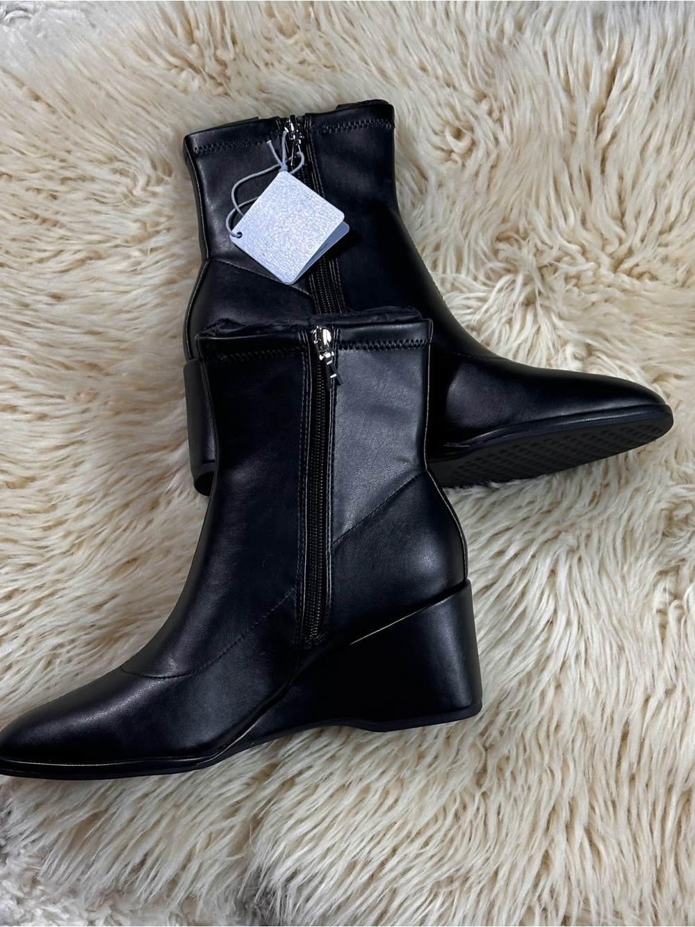AEROSOLES Black Leather Wedge Ankle Boots